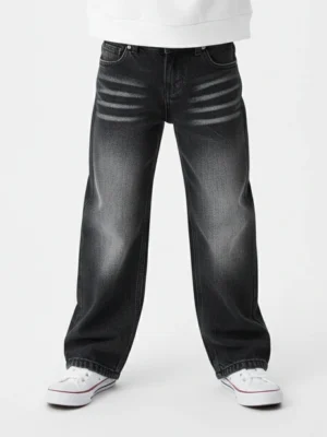 بنطلون جينز كارجو يونيسكس واسع الأرجل أزرق دينم داكن – مقاس 3-7