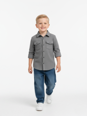 قميص ولادي رمادي داكن وافل بأكمام طويلة – ملابس أطفال شتوية أنيقة للأولاد