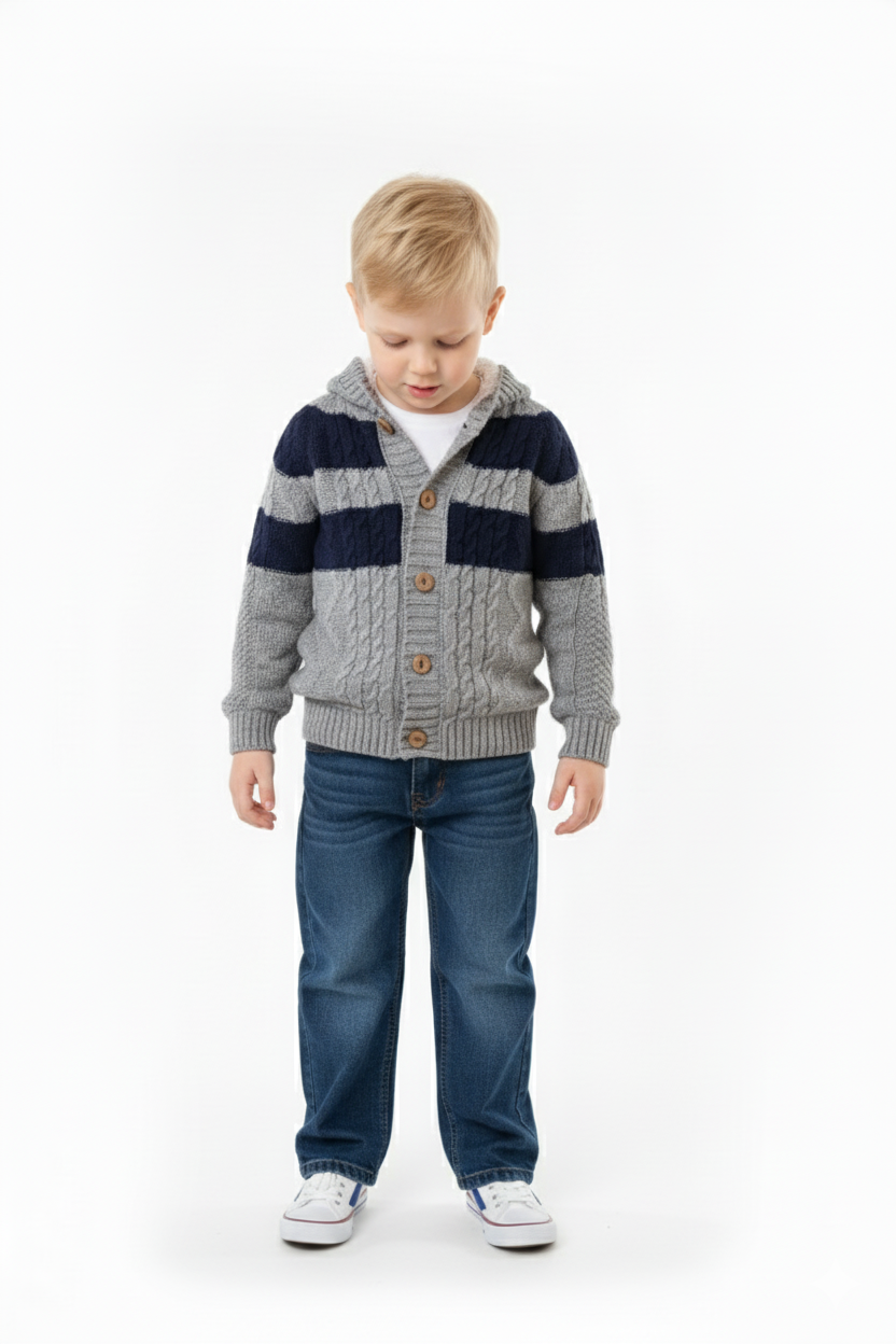 بلوفر كارديغان أولادي صوفي رمادي وكحلي مخطط بغطاء رأس – ملابس أطفال شتوية دافئة ونقشة ضفيرة أنيقة.