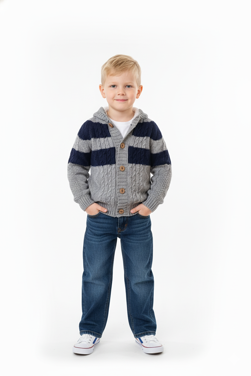 بلوفر كارديغان أولادي صوفي رمادي وكحلي مخطط بغطاء رأس – ملابس أطفال شتوية دافئة ونقشة ضفيرة أنيقة.