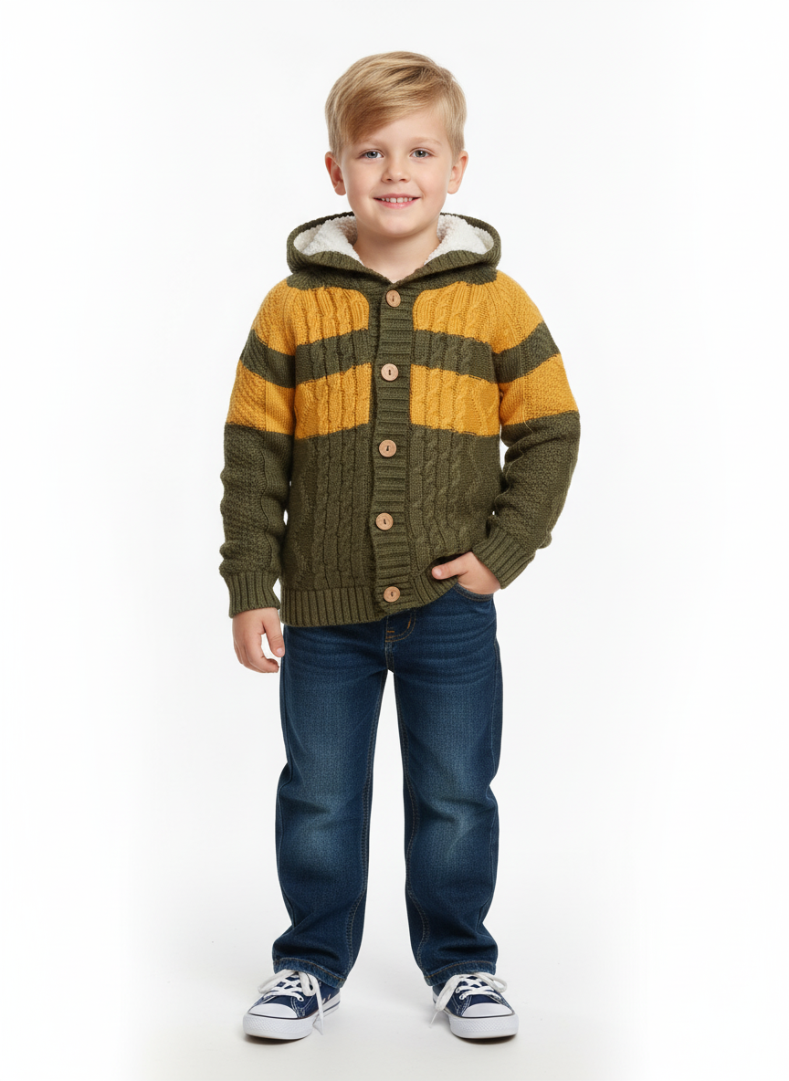 بلوفر كارديغان أولادي شتوي مبطن بالفرو زيتي وخردلي بغطاء رأس – ملابس أطفال شتوية دافئة ونقشة ضفيرة.