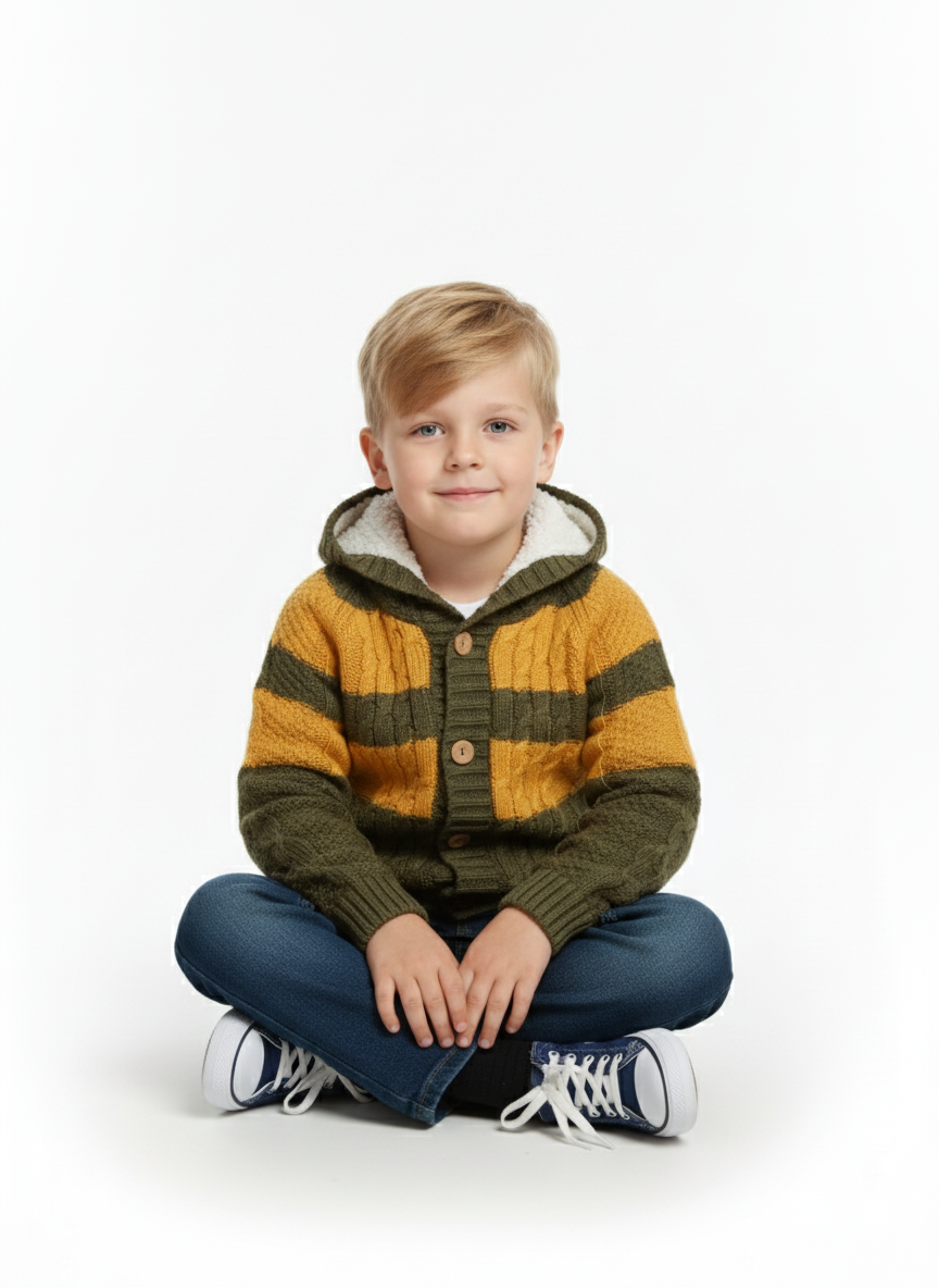 بلوفر كارديغان أولادي شتوي مبطن بالفرو زيتي وخردلي بغطاء رأس – ملابس أطفال شتوية دافئة ونقشة ضفيرة.