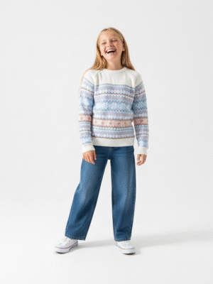 سويتر تريكو بناتي بنقشات ملونة – ملابس أطفال شتوي راقية