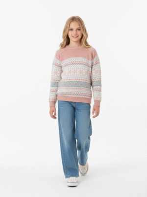 سويتر تريكو بناتي نقشة جاكارد روز وأبيض – ملابس أطفال شتوي