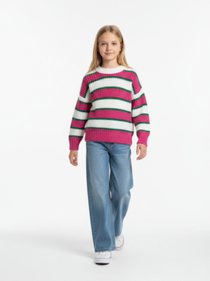 بلوفر تريكو بناتي مخطط فوشيا وأبيض – ملابس أطفال شتوي