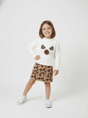 سوت تريكو بناتي أبيض وجملي بنقشة جلد النمر – ملابس أطفال بنات خروج شتوي أنيقة.