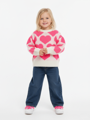 بلوفر تريكو قلوب بنات أوف وايت وفوشيا – ملابس أطفال شتوية أنيقة 2025.