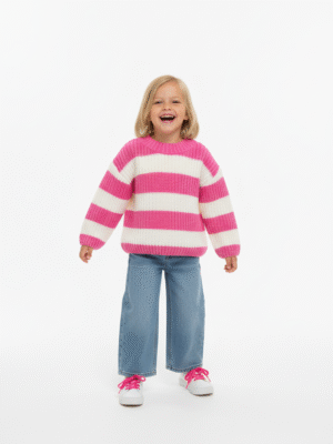 بلوفر تريكو بناتى فوشيا وأبيض مخطط – ملابس أطفال شتوية أنيقة