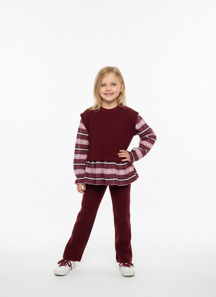 سوت تريكو بناتي مارون مخطّط – ملابس أطفال شتوية أنيقة A&A