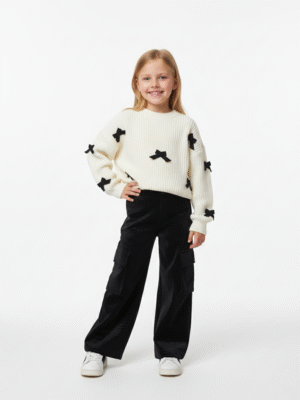 طقم بناتي أنيق بلوفر تريكو أبيض وبنطلون كارجو قطيفة أسود – ملابس أطفال شتوية فاخرة