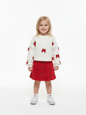 طقم بناتي بلوفر وجيبة أبيض وأحمر – ملابس أطفال شتوية بفيونكات 2026