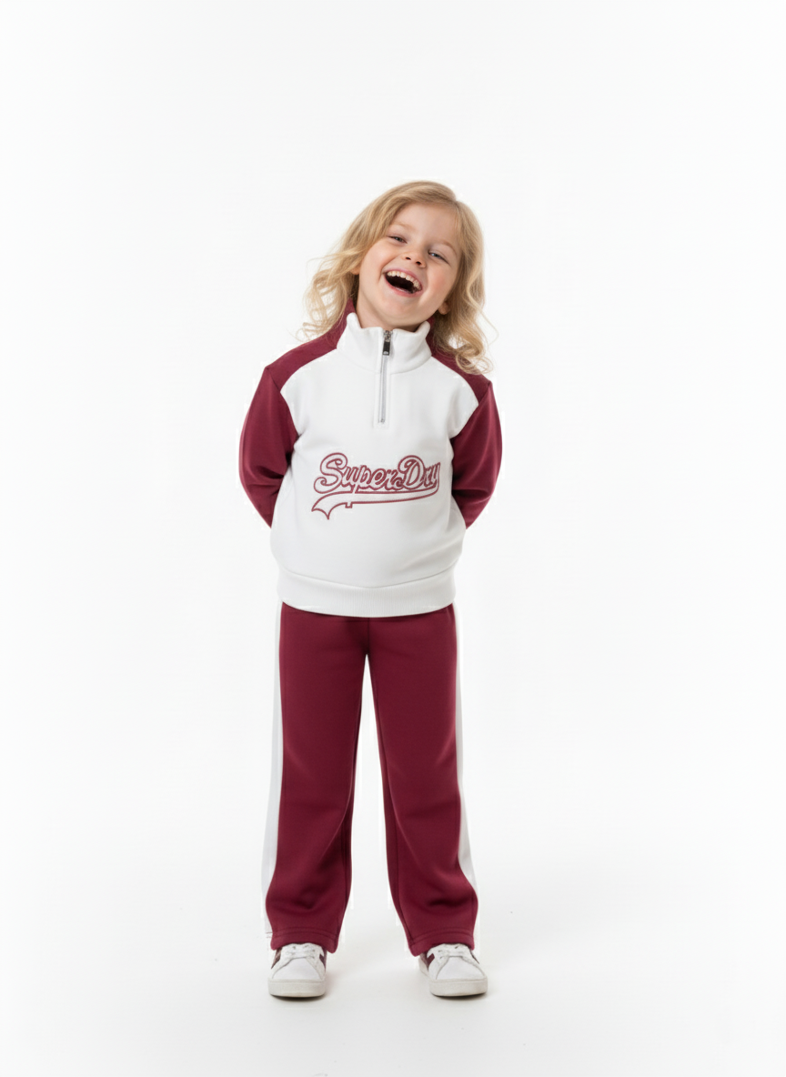 سوت بناتي قطن عنابي وأبيض – ملابس أطفال شتوية رياضية أنيقة 2025.