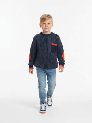 بلوفر محبوك كحلي برتقالي أولادي – ملابس أطفال شتوية أنيقة 2025