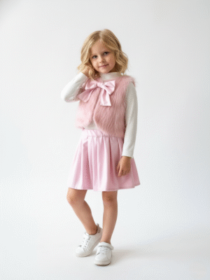 طقم 3 قطع فيست فرو وجيبة بناتي وردي فاتح – ملابس أطفال بنات للمناسبات شتوي 2026