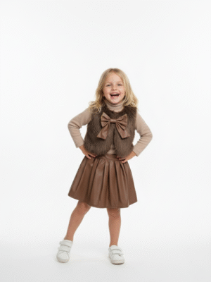 طقم 3 قطع فيست فرو وجيب جلد بنات بني – ملابس أطفال بنات خروج شتوي أنيقة A&A.