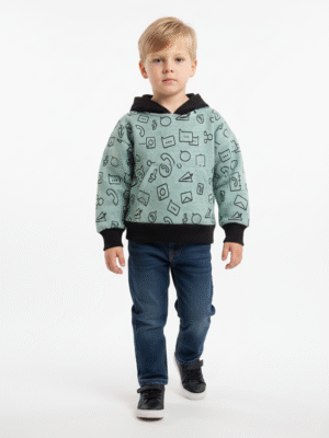 سويت شيرت هودي أولادي مينت جرين وأسود مطبوع - ملابس أطفال شتوية أنيقة 2025