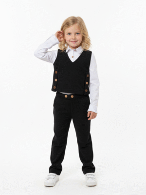 طقم كوردروي 3 قطع أسود بناتي – ملابس أطفال شتوية أنيقة 2025.