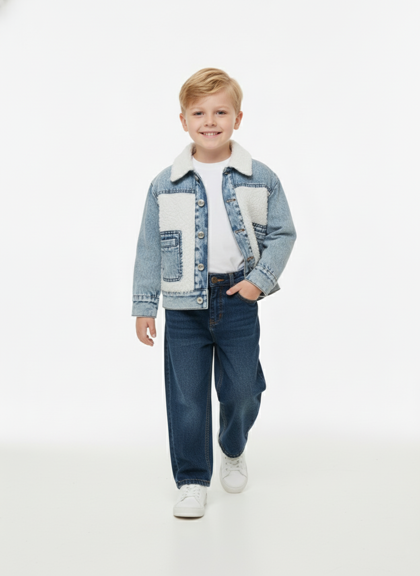 جاكيت جينز مبطن بالفرو أزرق فاتح أولادي – ملابس أطفال شتوية أنيقة 2025