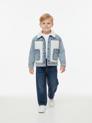 جاكيت جينز مبطن بالفرو أزرق فاتح أولادي – ملابس أطفال شتوية أنيقة 2026