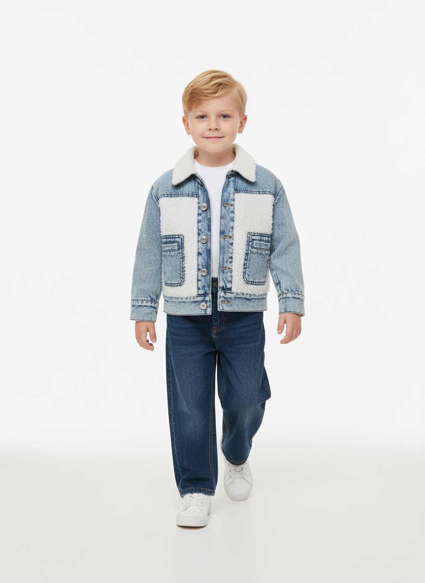 جاكيت جينز مبطن بالفرو أزرق فاتح أولادي – ملابس أطفال شتوية أنيقة 2026