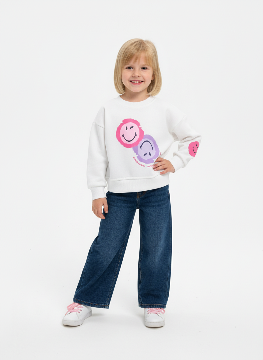 سويت شيرت ميلتون بنات أبيض بطبعة سمايلي – ملابس أطفال شتوية أنيقة 2025