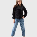 جاكيت شتوي بناتي فرو تيدي أسود بياقة عالية – جاكيت أطفال مقاس 6-14