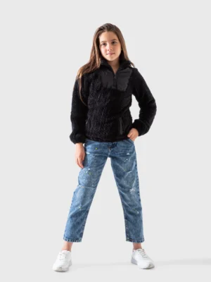 جاكيت شتوي بناتي فرو تيدي أسود بياقة عالية – جاكيت أطفال مقاس 6-14