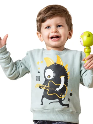 سويتشيرت ولادي رقبة دائرية لون أخضر نعناعي مع طبعة وحش أسود يعزف غيتار