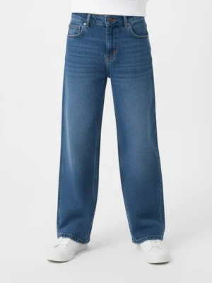 بنطلون جينز يونيسكس بقصة واسعة ولون دنيم أزرق كلاسيكي
