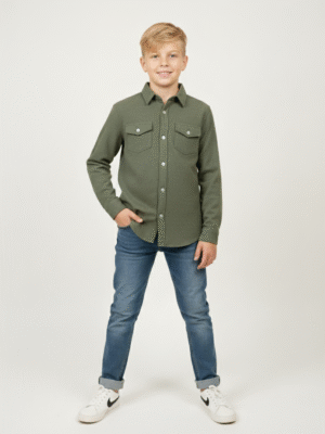 شميز أوفرشيرت ولادي أخضر زيتوني – ملابس أطفال خروج شيك 2025.