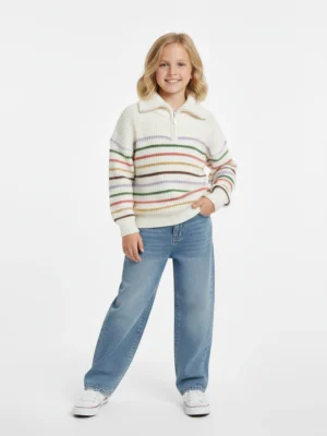 كنزة شتوية بناتي محبوكة بخطوط ملونة وسحاب ربع – ملابس شتاء بنات