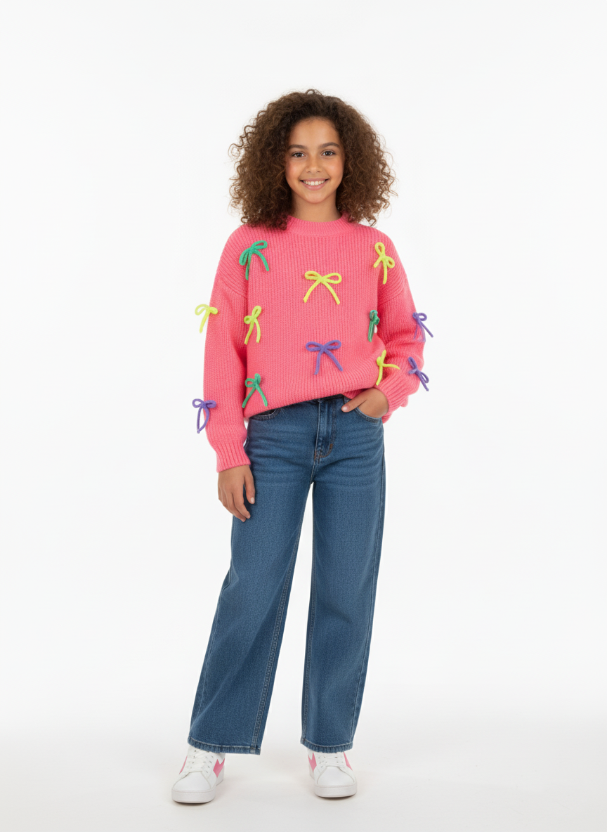 بلوفر تريكو بناتي بفيونكات ملونة – ملابس أطفال شتوي راقية