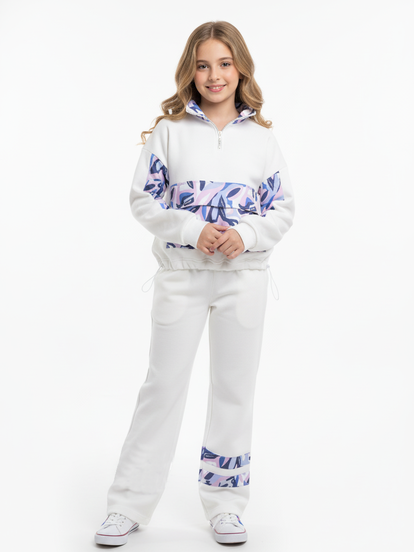 طقم شتوي بناتي أبيض وبنفسجي – ملابس أطفال خروج راقية