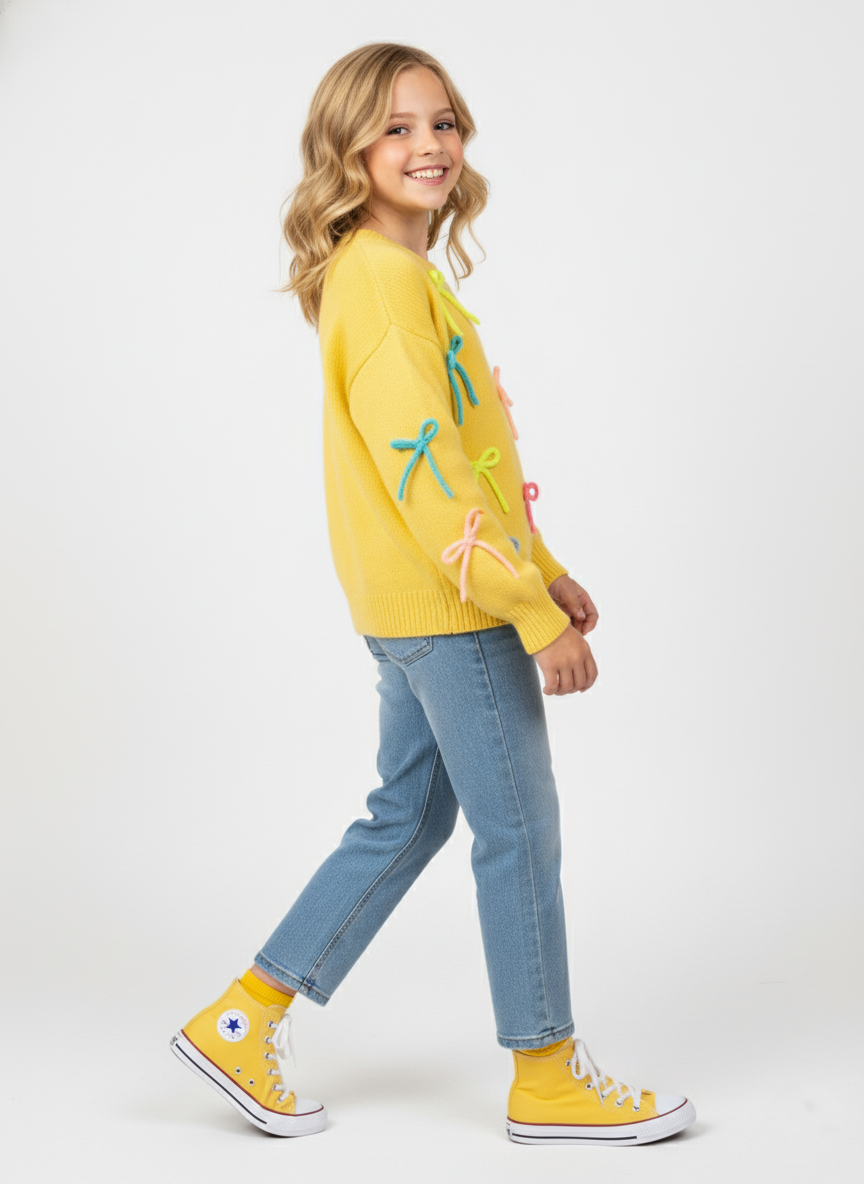 Knit Bows Sweater Girls Yellow | بلوفر بناتي - الصورة 3