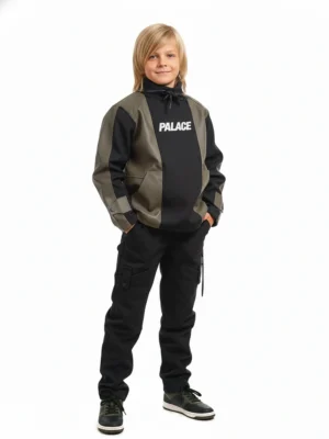 سوت شتوي ولادي أسود وزيتوني - ملابس أطفال شتوية فاخرة 2025