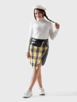 تنورة سكيرت شتوي بناتي بتصميم لف غير متماثل من قماش كاروهات أصفر وجلد صناعي أسود