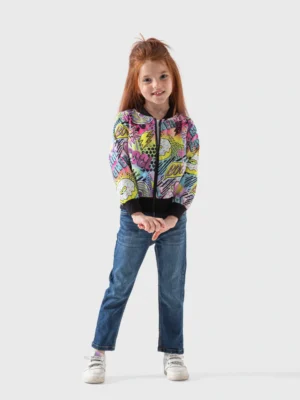 جاكيت بناتي شتوي خفيف بتصميم بومبر وطبعة بوب آرت ملونة (وردي وأصفر وأزرق)