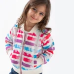 جاكيت بناتي شتوي خفيف بتصميم بومبر وطبعة خطوط فرشاة ملونة (وردي وأزرق)
