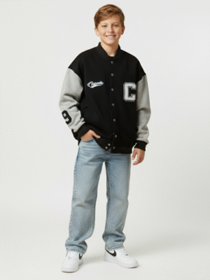 جاكيت بيسبول أولادي أسود ورمادي – ملابس أطفال ولادي ماركات