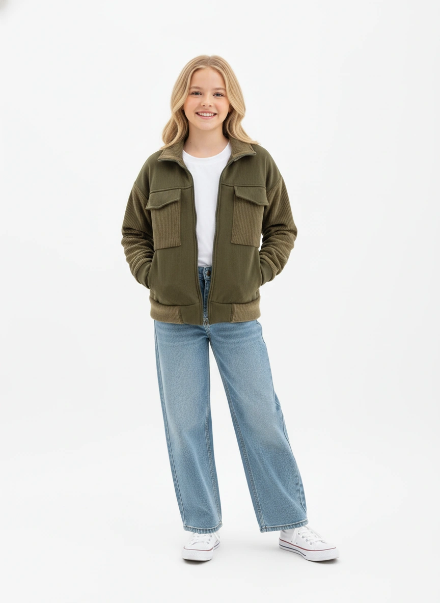 جاكيت شتوي بناتي زيتوني - ملابس أطفال شتوية فاخرة