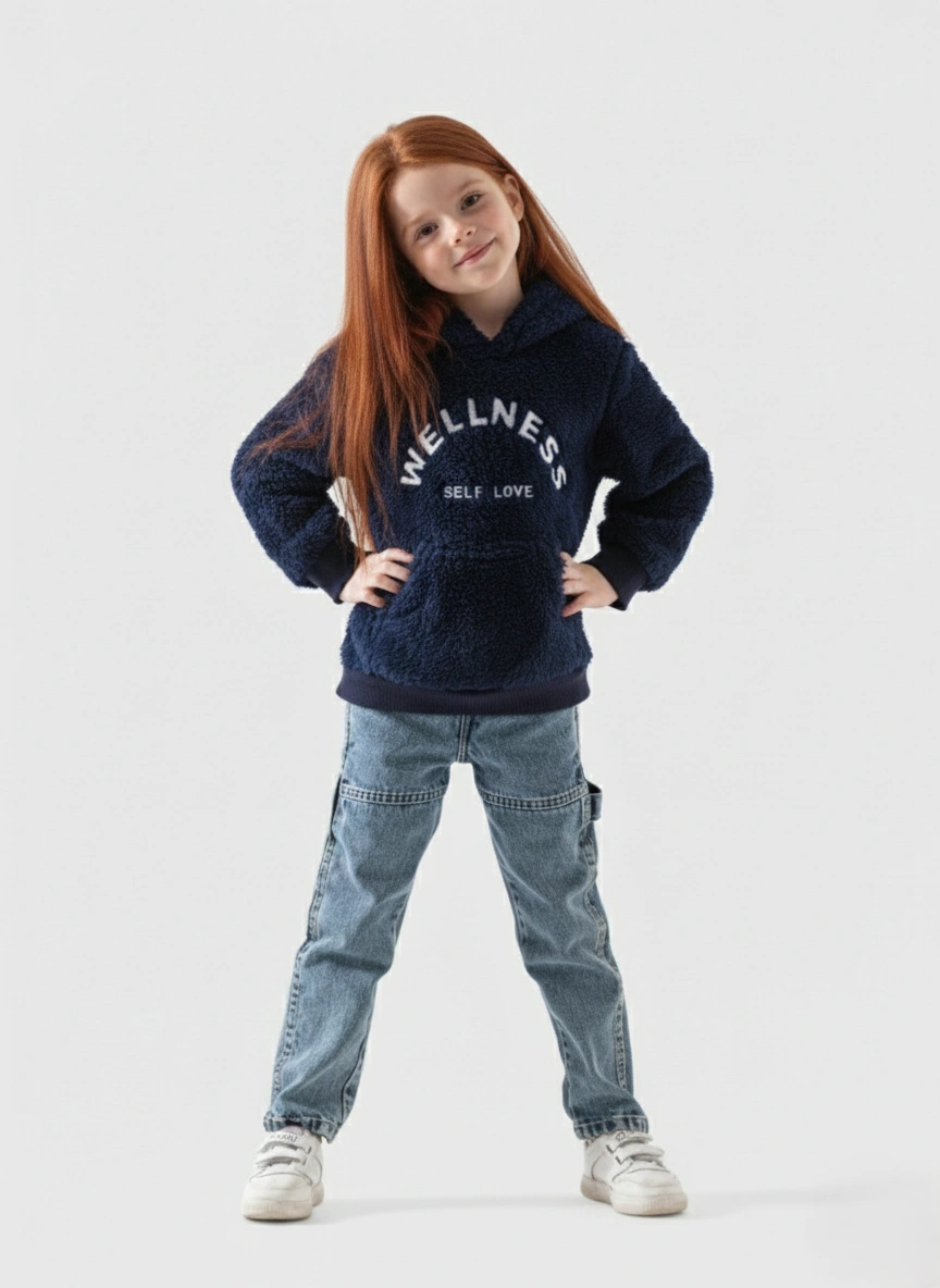 سويت شيرت هودي بناتي شتوي من الفرو (شيربا) باللون الكحلي الداكن. يتميز بطباعة "WELLNESS" بيضاء.