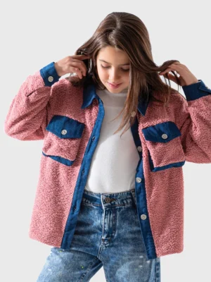 جاكيت فرو شيربا وردي بناتي – ملابس أطفال شتوي أنيق