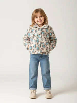 جاكيت تيدي بناتي ليوبارد بيج وأزرق – ملابس أطفال بنات خروج شتوي فاخر.