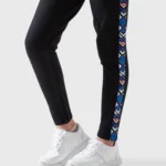 بنطلون ليجنغز بناتي أسود ضيق مع شريط جانبي ملون بأنماط هندسية