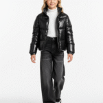 جاكيت بامب بناتى أسود لامع – ملابس أطفال بنات خروج شتوي 2025