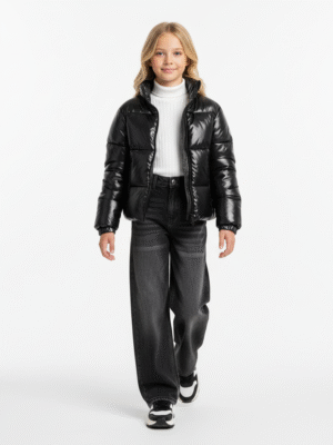 جاكيت بامب بناتى أسود لامع – ملابس أطفال بنات خروج شتوي 2025