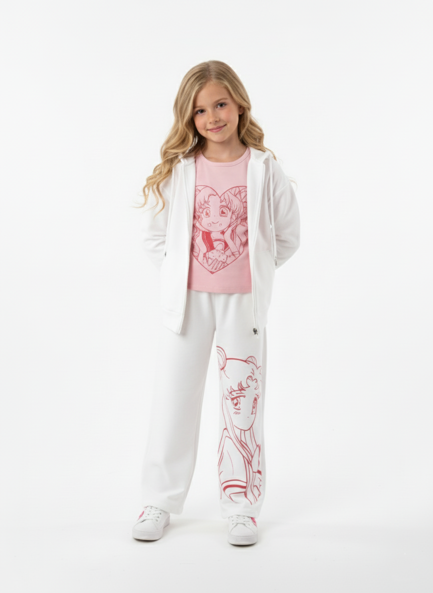 طقم سويت بانتس بناتي أبيض ووردي بطباعة أنمي – ملابس أطفال شتوية فاخرة 2025