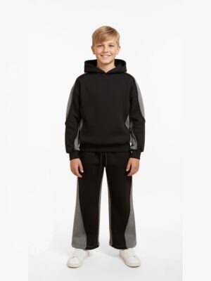 سوت أولادي شتوي أسود ورمادي – ملابس أطفال خروج رياضية