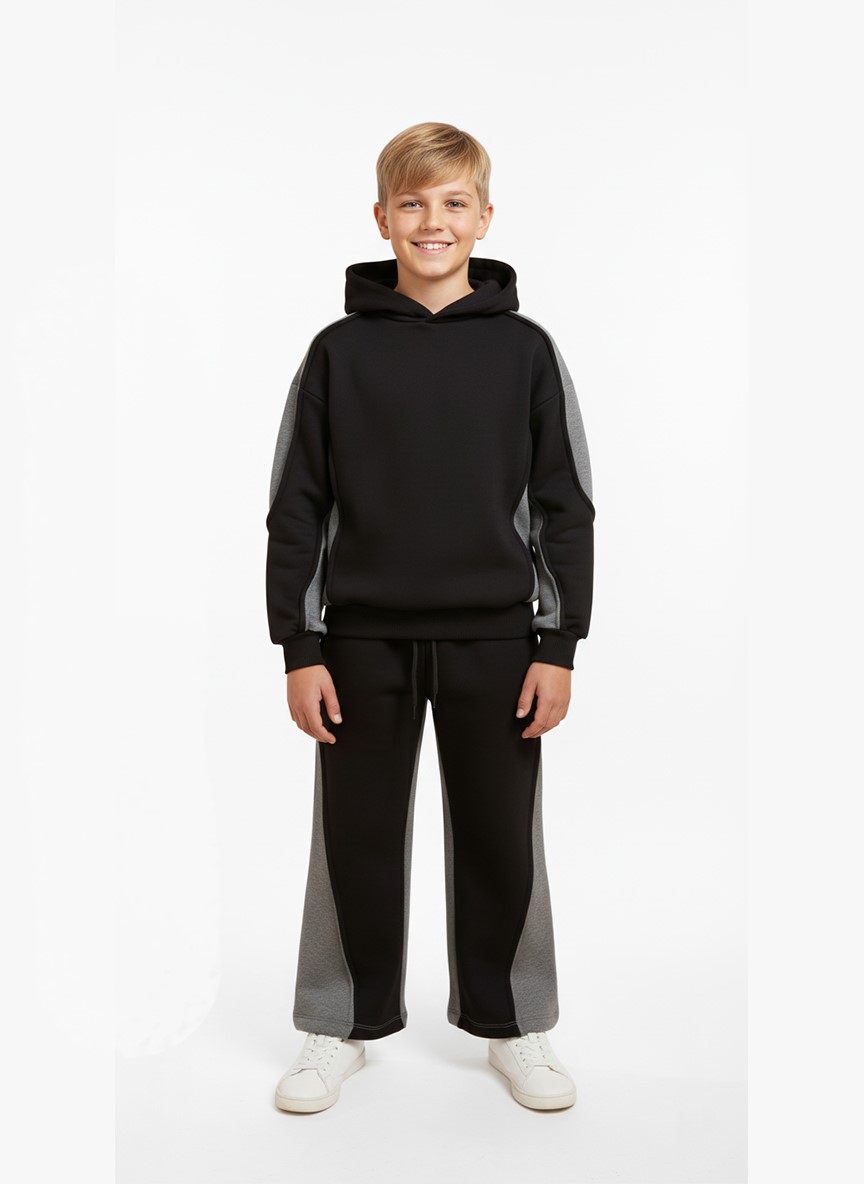 سوت أولادي شتوي أسود ورمادي – ملابس أطفال خروج رياضية