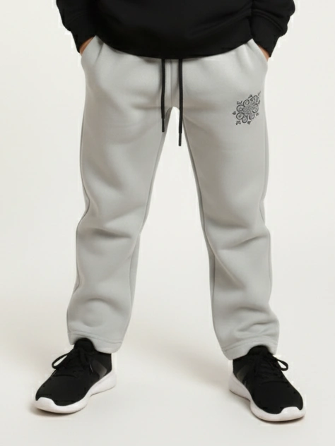 سويت بانتس شتوي يونيسكس بلون رمادي فاتح بخصر مطاطي ورسمة زخرفية – ملابس أطفال صغار